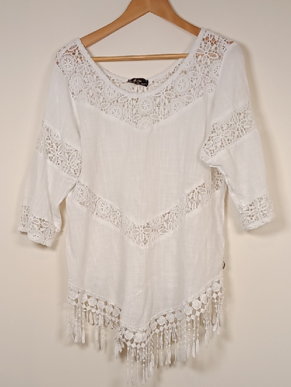 Blanc Du Nil White Cotton Tunic w/ Lace Fringe Detail Size Medium